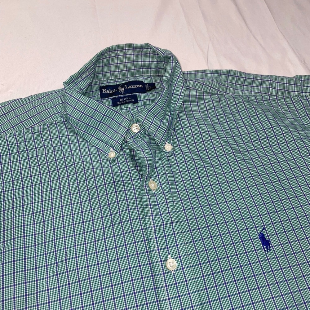 Polo Ralph Lauren Blake Shirt Mens Large Green Blue Check Short‎ Sleeve Cotton